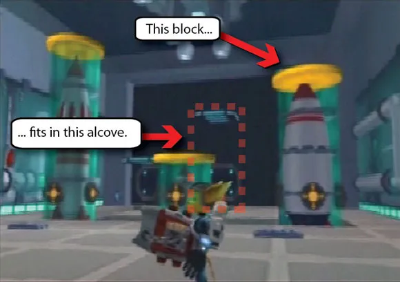 这个牵引光束挑战的目标非常明确:将三个积木放入最适合它们的凹槽中。此外,有意义的技巧(把互相阻碍的部分组合起来)比其他的牵引光束挑战要深得多。