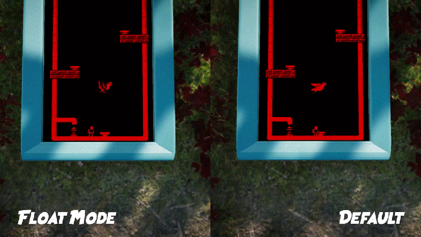 An animated GIF showing default gameplay on the right, and Float Mode on the left.