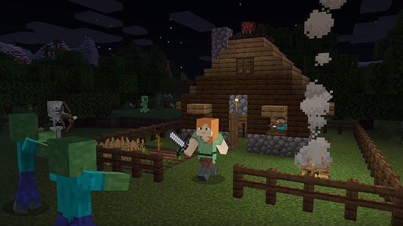 A screenshot from Minecraft. A player character defends a house from several Minecraft monsters.