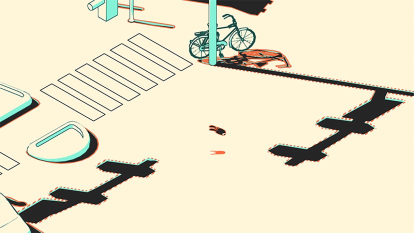 A small, black blob leaps between the shadows of two street signs in this screenshot from Schim.