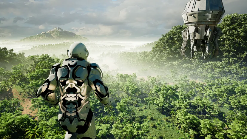 An armored person stands above a vast and lush jungle.