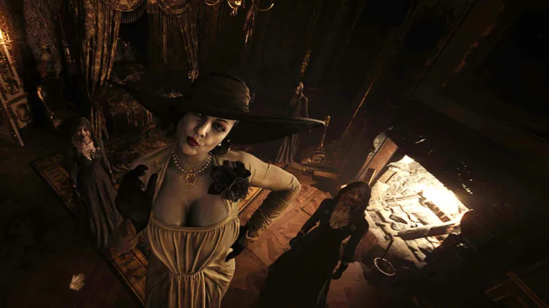 Lady Dimitrescu and her vampire maiden followers, as seen in PSVR2.