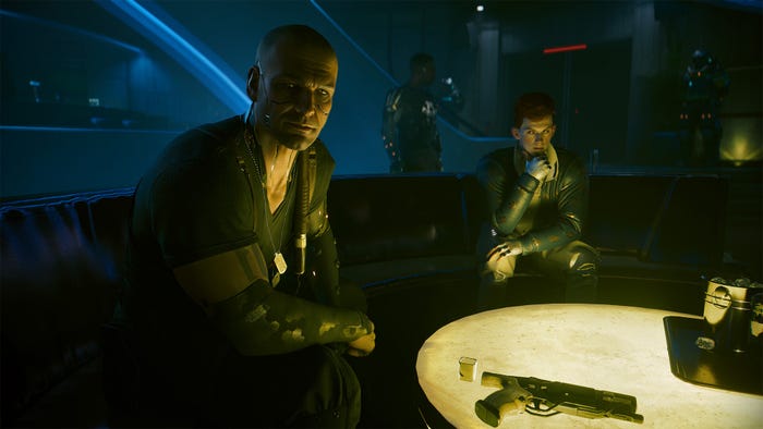 Two cybernetically enhanced characters in a club in Phantom Liberty