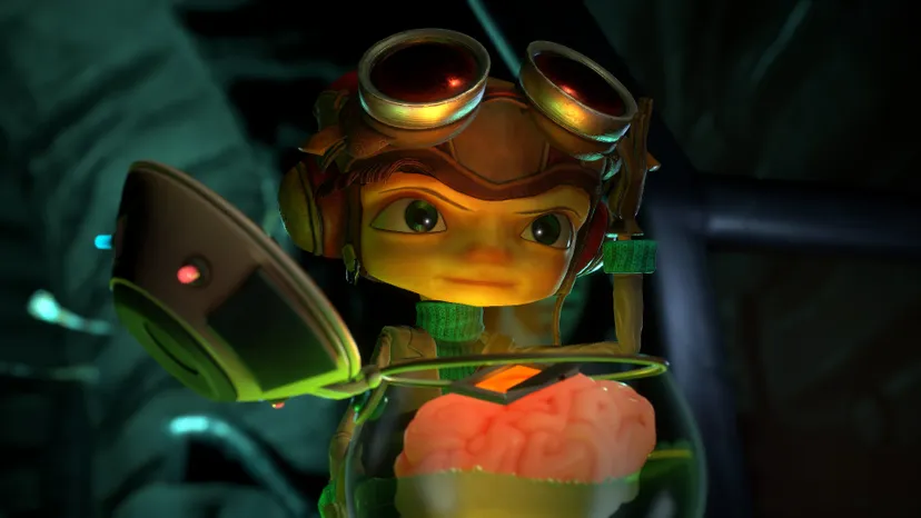 Raz from Psychonauts 2 stands over a jar with a brain in it.