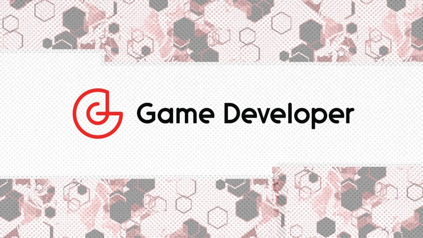 The Game Developer logo centered on a patterned red, grey, and white background.