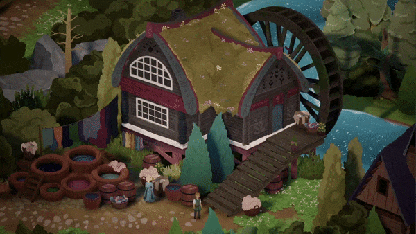 An animated GIF of a watermill in a river, situated behind a small cottage.
