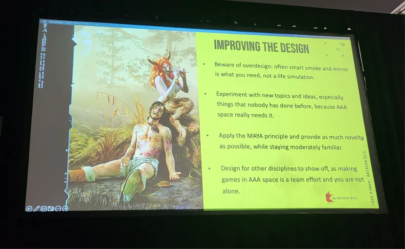 A slide from GDC 2023 entitled Improving the Design.