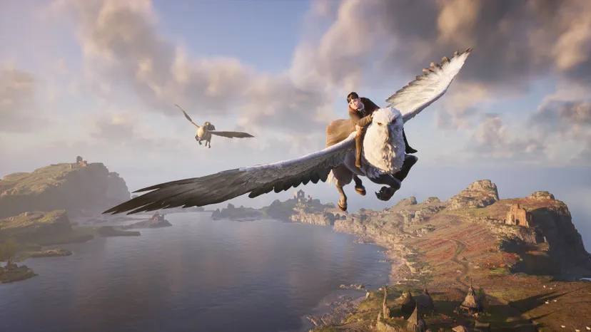 A screenshot from Hogwarts Legacy. The player character rides a Hippogriff over a lake.