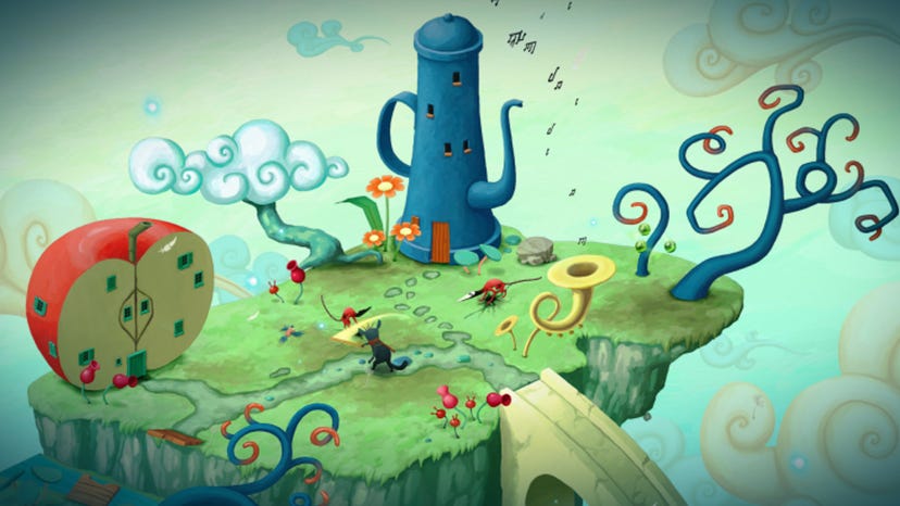 A screenshot from Figment showing a fantastic world with houses made out of objects including an apple and teapot