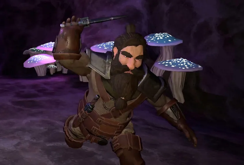A screenshot from Colossal Cave VR, depicting a dwarf lunging forward as he begins to attack.