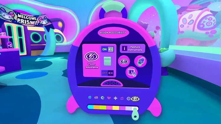 Backpack from Cosmonious High on the vision accessibility page showing the toggle for Vision Assistance and buttons for Feature Instructions.