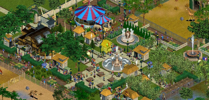 a colorful zoo from an isometric perspective