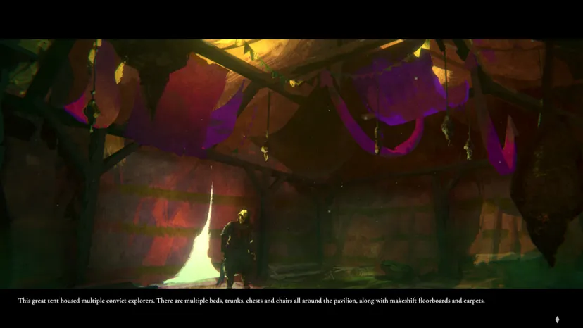 A screenshot from Where Birds Go to Sleep. It shows a colorful soldier's tent. A line reads