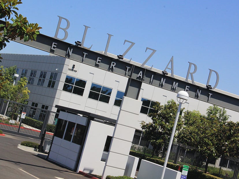 The front gate of Blizzard Entertainment. The word "Blizzard" is on an overhang over a security checkpoint.