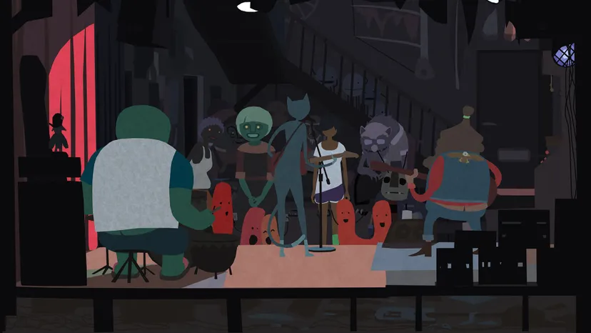 A screenshot from Mutazione which shows 3 characters playing rock band instruments on stage from behind, looking out on an audience.