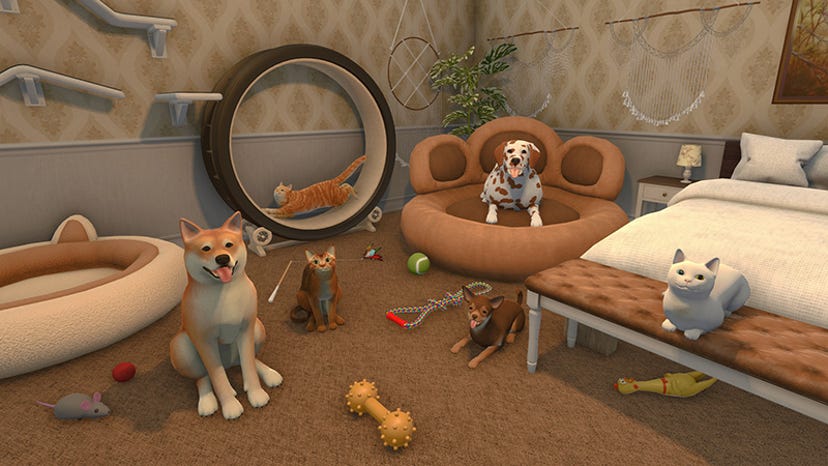 A screenshot of House Flipper's Pets DLC. Several pets stare at the player.