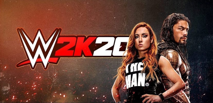 Cover art for 2K's WWE 2K20, featuring Becky Lynch and Roman Reigns.