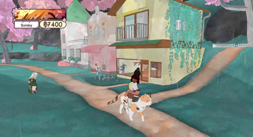 A screenshot from Calico. The player rides a cat through town.
