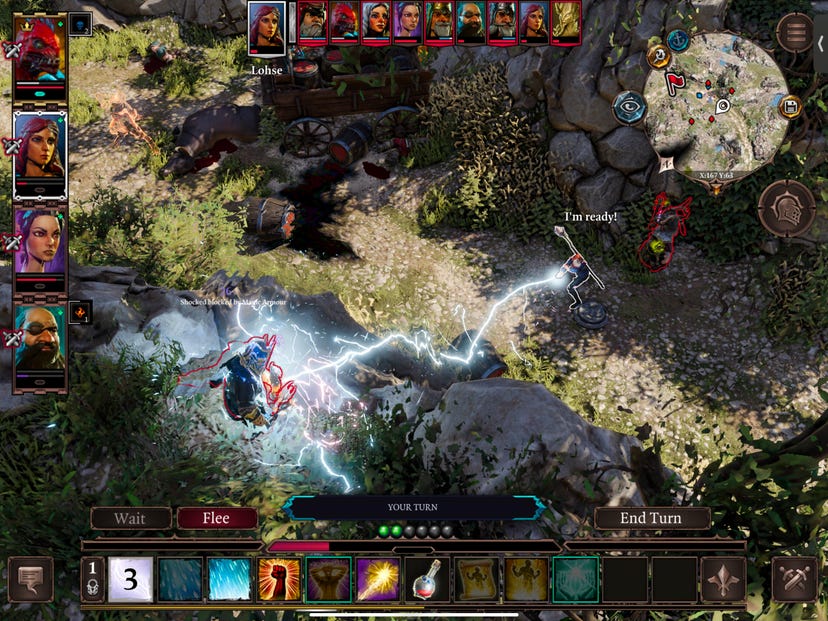 A screenshot from Divinity Original Sin 2 showing a combat encounter in-game and the iOS-specific HUD.