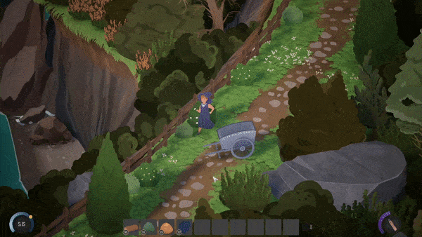 An animated GIF of a character putting items into their cart and traveling down a mountain path.