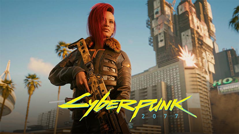 A screenshot from Cyberpunk 2077. V, the game's protagonist, holds a gun while looking off camera.