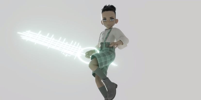 A screenshot from Sword of Symphony's announcement trailer. The protagonist wields a bright sword made up of musical notes.