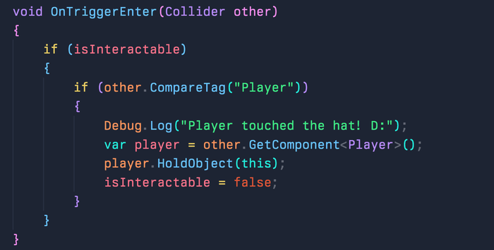 onTriggerEnter updated code for the hat