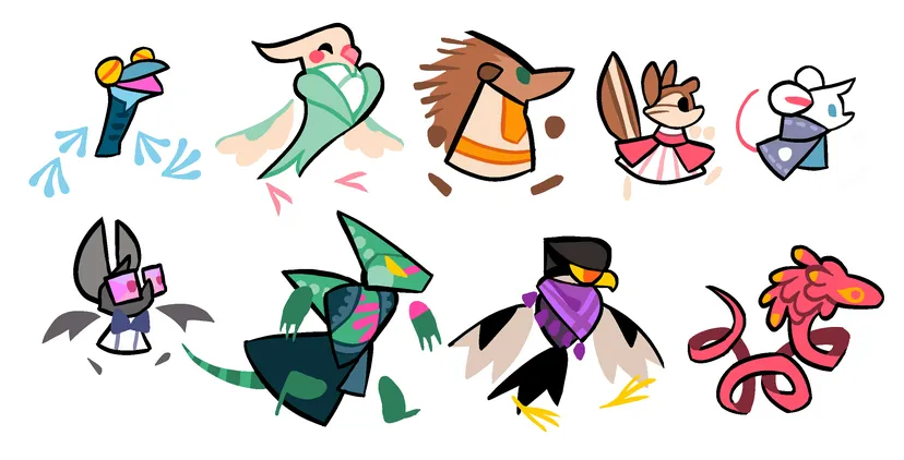 A set of mini characters, designed after the color script was complete to test their color palettes.