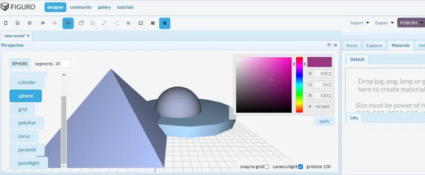 The figuro editor, showing basic shapes and menu options