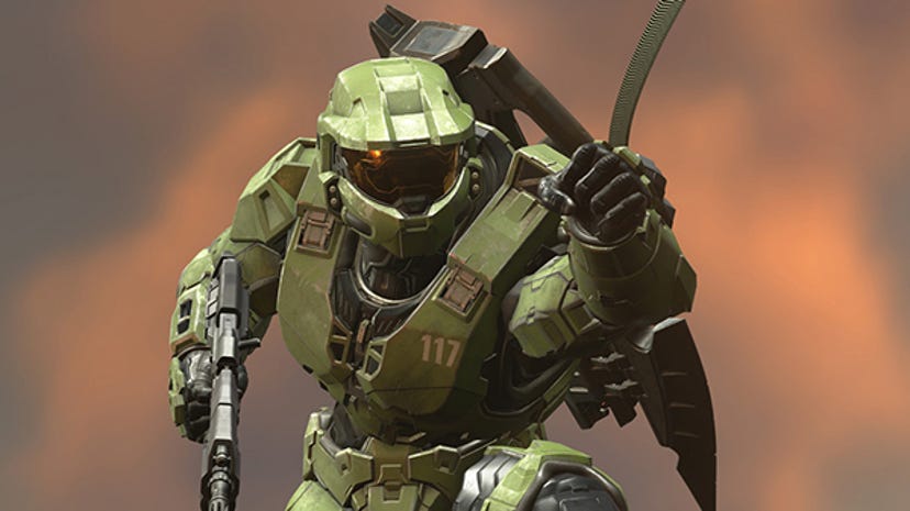 A promotional shot of the Master Chief using the Grappleshot