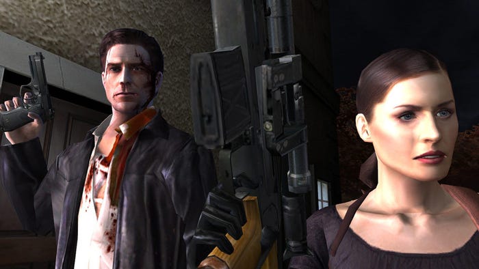 Max Payne and his love interest brandish guns.