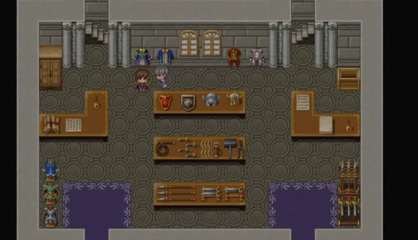 an RPG Maker screen showing 16 bit top down RPG characters in a castle
