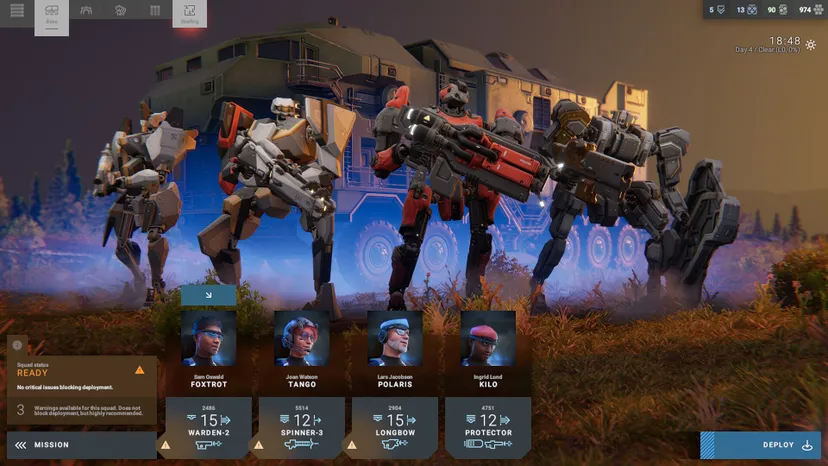 Four mechs from Phantom Brigade stand ready to deploy.