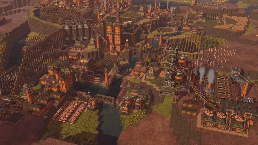a giant city complex in a desert, with rivers