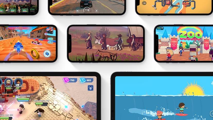A screenshot of multiple Apple Arcade titles on devices such as iPhones and iPads
