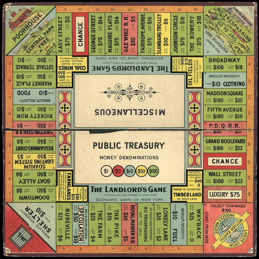 The game board for the board game A Landlord's Game.