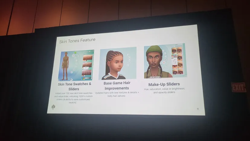 A slide depicting the skin tone, hairstyle and makeup slider updates to The Sims 4.