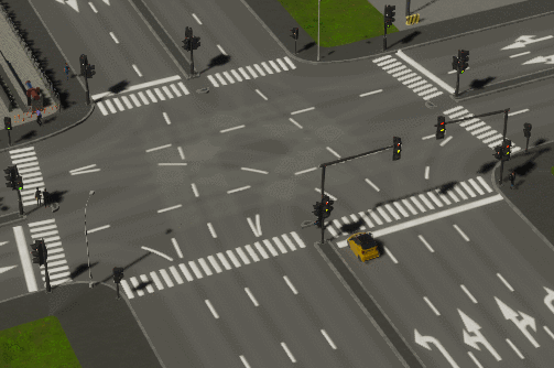 Traffic AI in an early build of Cities: Skylines II struggling to adapt to an intersection
