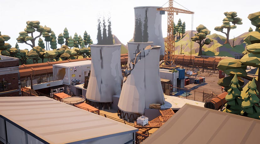 A video game screenshot of a slightly cartoonish, decrepit outdoor factory.