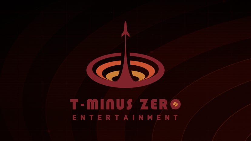 The T-Minus Zero Entertainment logo on a stylised dark orange background