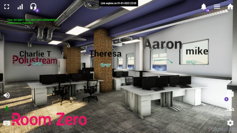 Room Zero screenshot showing an office with several empty desks. Text displaying usernames floats throughout the room.