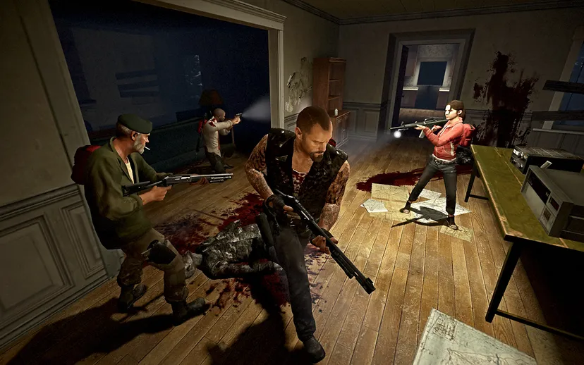 The Left 4 Dead survivors push through a residential area.