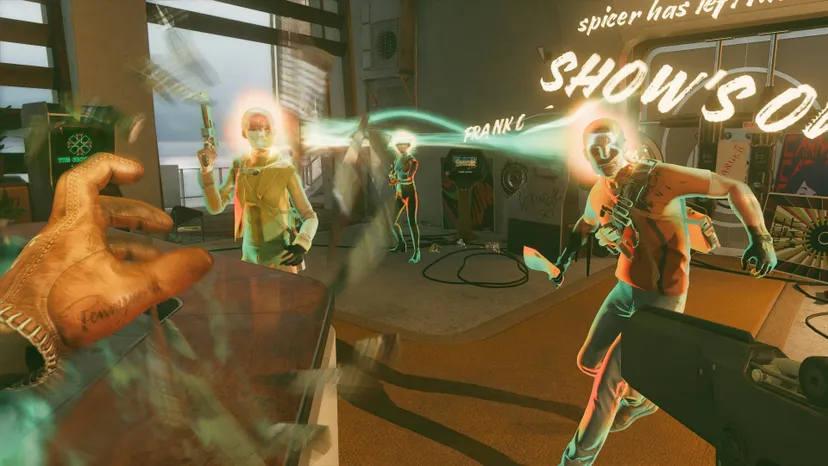 A first-person perspective screenshot of Deathloop. Three hostile enemies are connected by a glowing line. The text 'Shows Over' glows on a wall behind them.