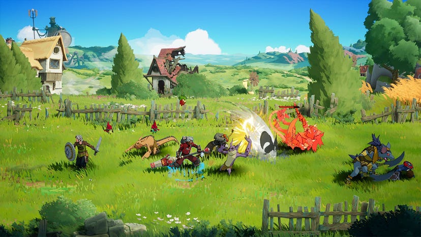 A screenshot from Towerborne showing four aces battling enemies in a verdant field