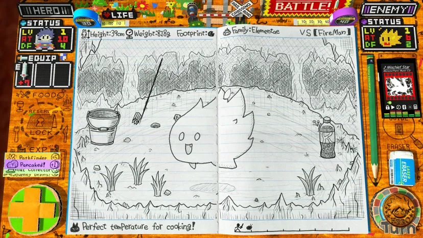 doodle sketch of a fire character in a field