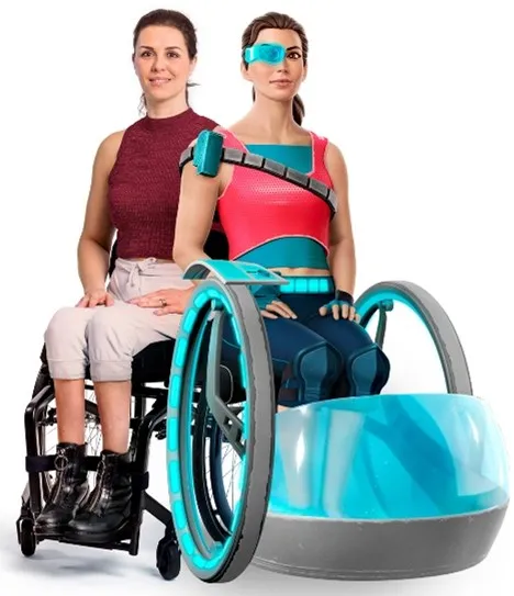 A woman using a wheelchair and an avatar designed to look like her.