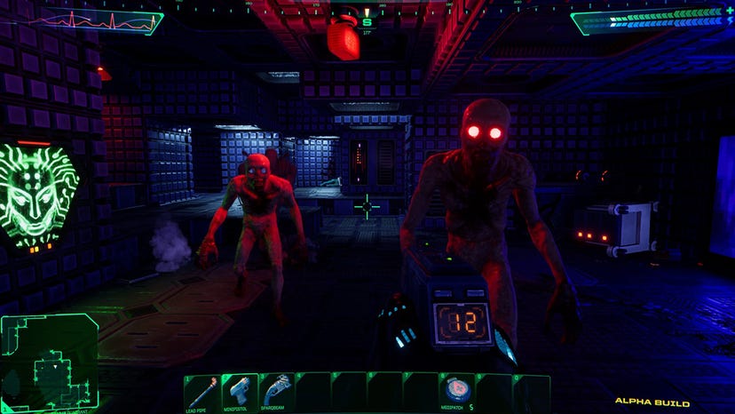 A screenshot from the System Shock remake showing the player in combat with two horrifying enemies