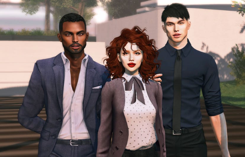 Screenshot of Linden Lab's Second Life, featuring three developer-made characters.