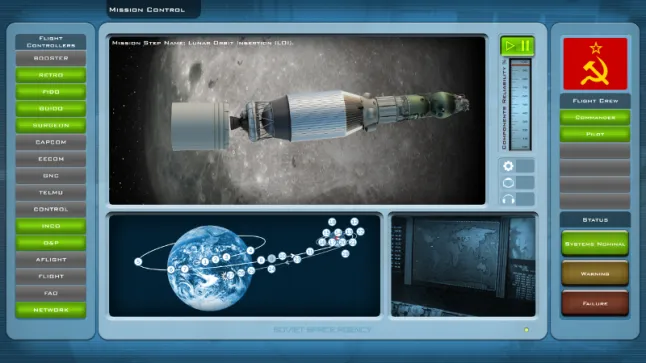 In-game screen: The Mission Control Center displaying the progress of a lunar mission.