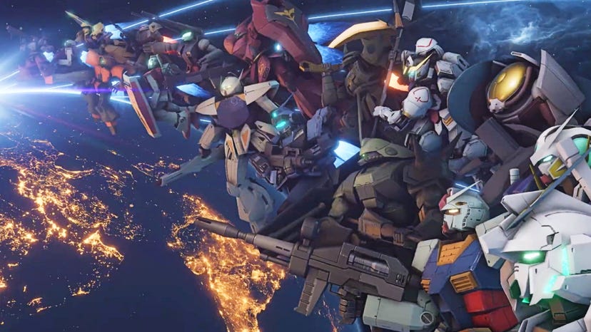 Splash art for Bandai Namco's Gundam Evolution, showing various Gundams from the franchise history.